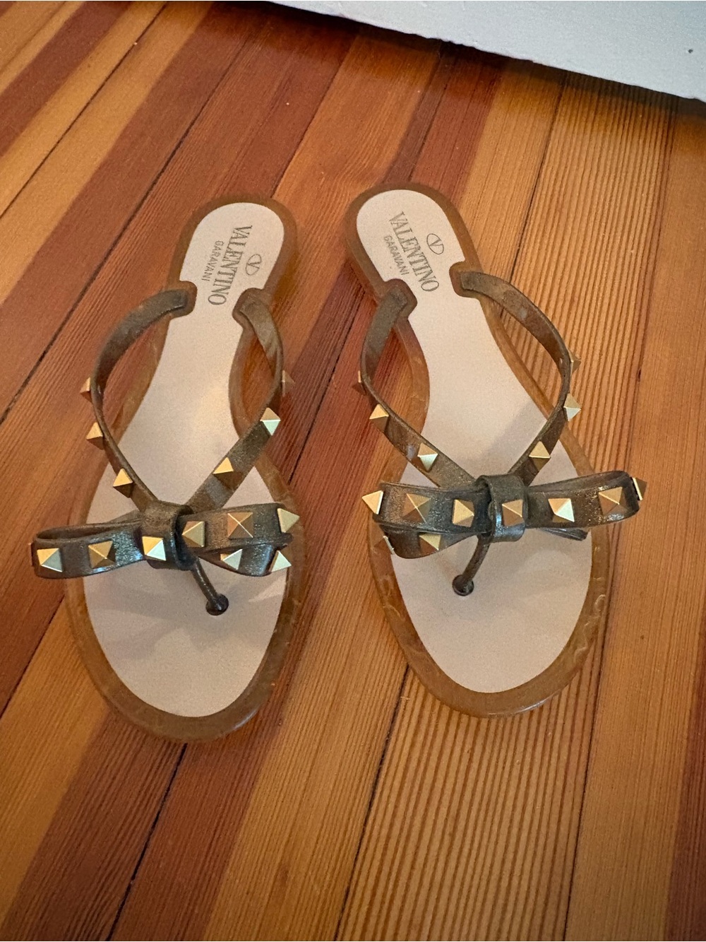 Valentino Rockstud Bronze Jelly Flip Flops, size 38